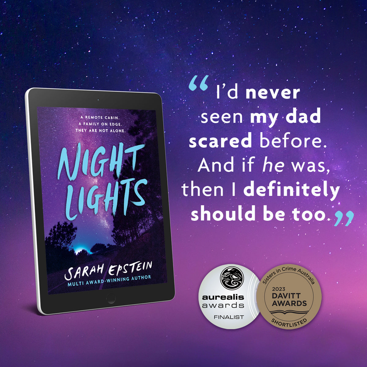 Night Lights by Sarah Epstein YA thriller ebook, showing literary award stickers for Aurealis Awards finalist and Davitt Awards shortlisting