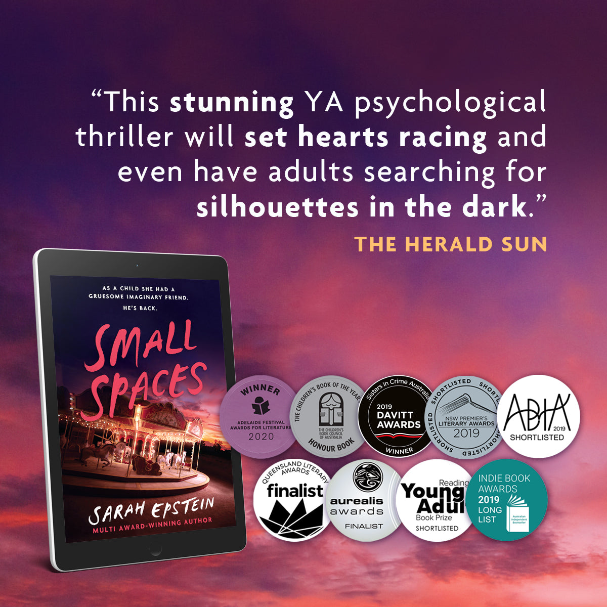 Small Spaces by Sarah Epstein YA thriller ebook, showing literary award stickers, including Winner of the Adelaide Festival Awards for Literature, CBCA Honour Book, and Winner of the Davitt Award for Best YA Crime Novel